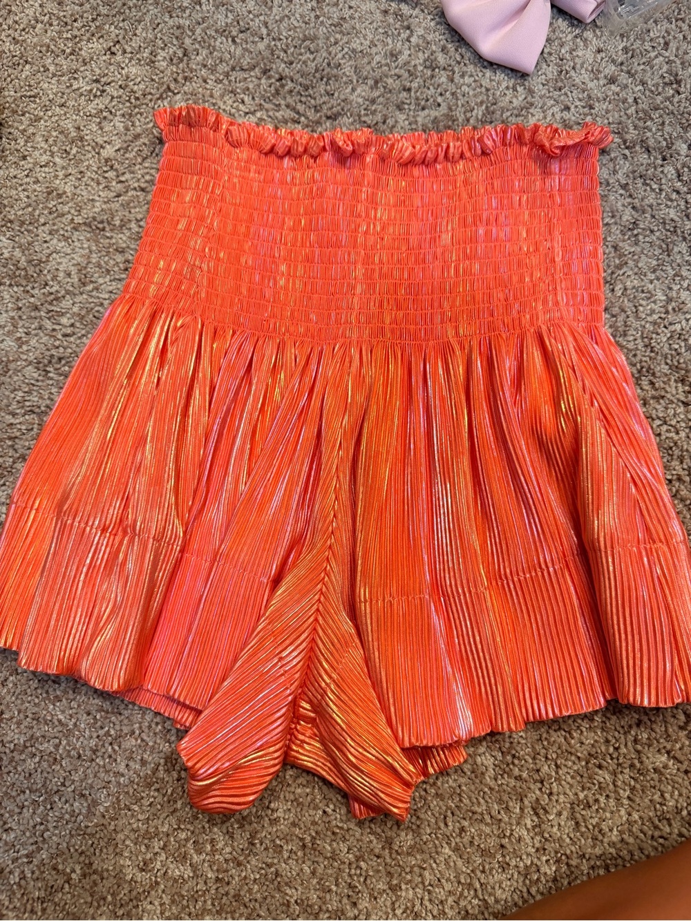 QUEEN OF SPARKLES Smocked High-Waist Pleated Shorts - Orange with Gold Sheen